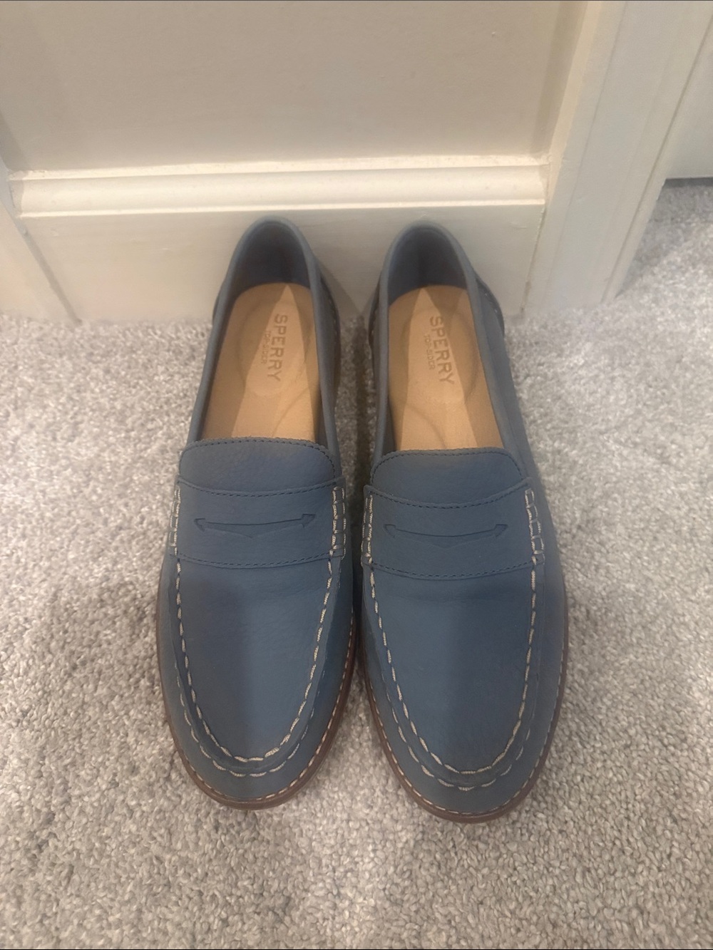 Sperry Women's Denim Blue Leather Penny Loafers—never worn.